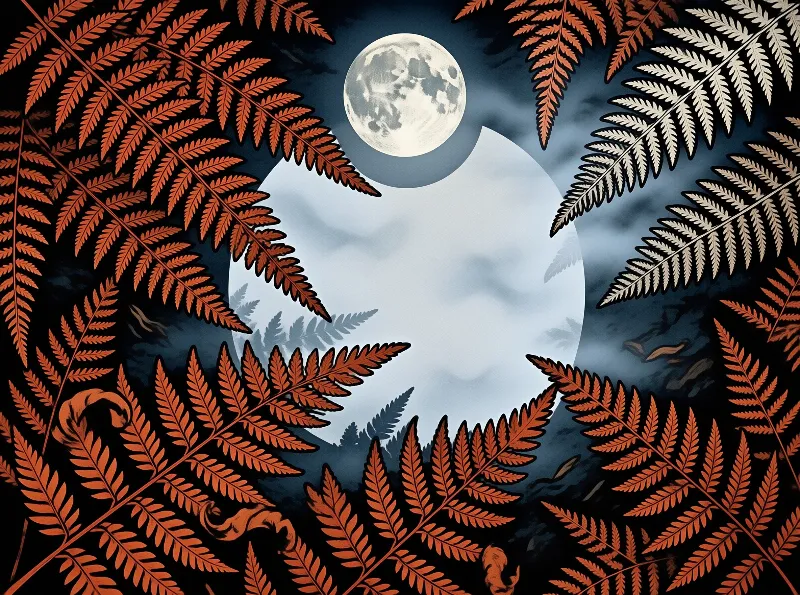 Rust and off-white fern leaves border a bright full moon floating in a deep blue misty forest night sky.