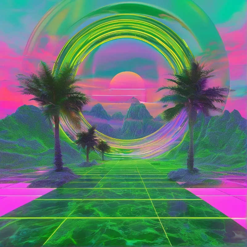 Two palm trees flank a luminous green grid pathway that recedes toward purple mountains beneath a large orange sun.