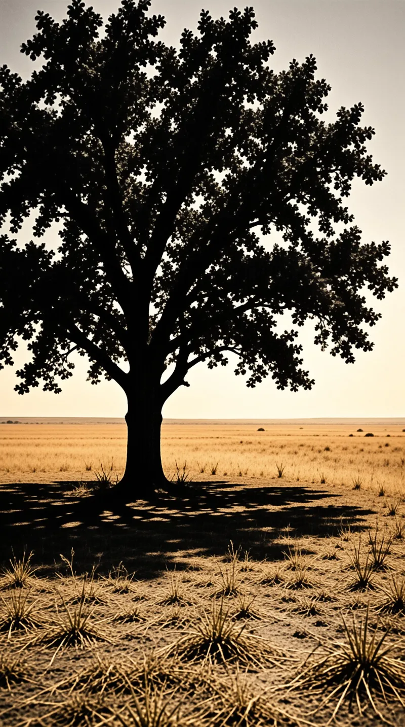 A large tree stands silhouetted against a bright sky in a dry golden field.