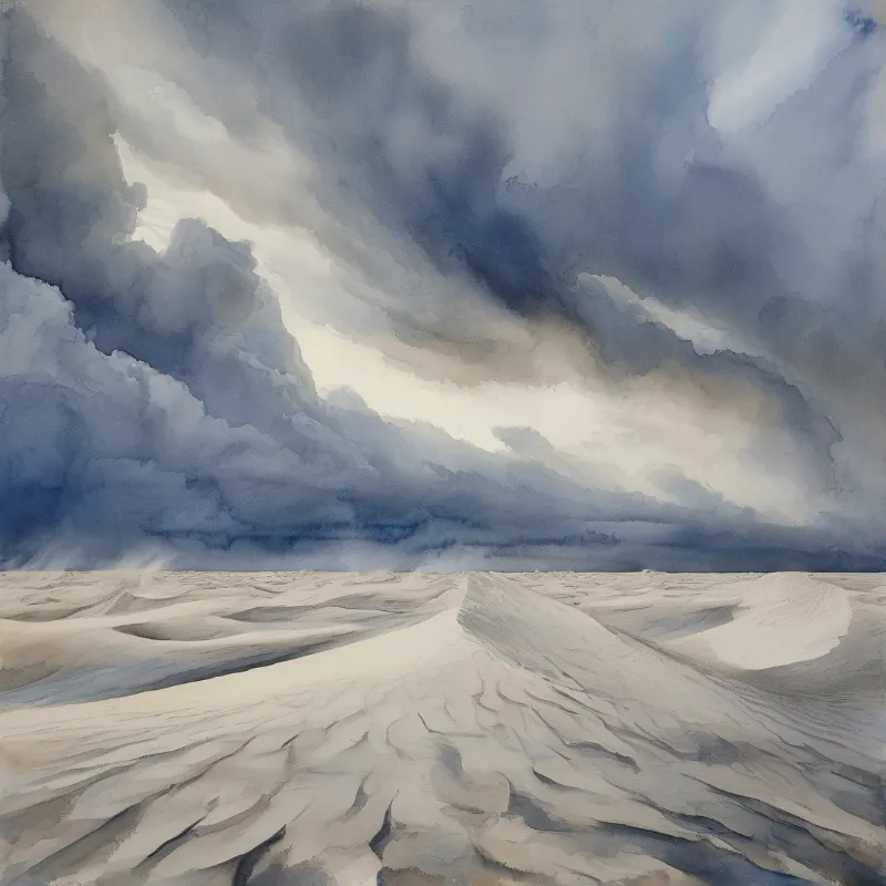 Pale cream desert dunes stretch to the horizon beneath heavy blue-gray storm clouds and a bright central break