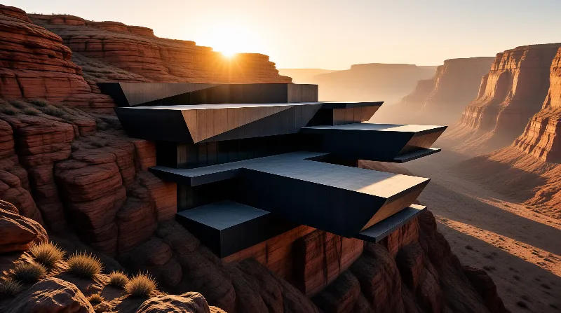 Dark geometric architecture protrudes from red canyon walls as the sun sets behind the rim.
