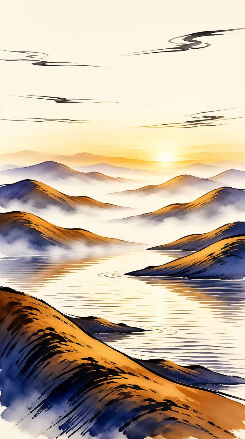 Layered hills painted in soft brushwork drift through mist above a winding river lit by a warm sun.