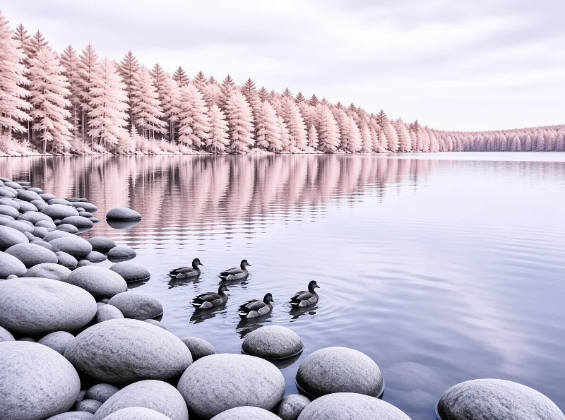 Five ducks swim across a glassy lake bordered by smooth stones and snow-laden evergreens under soft pink light.