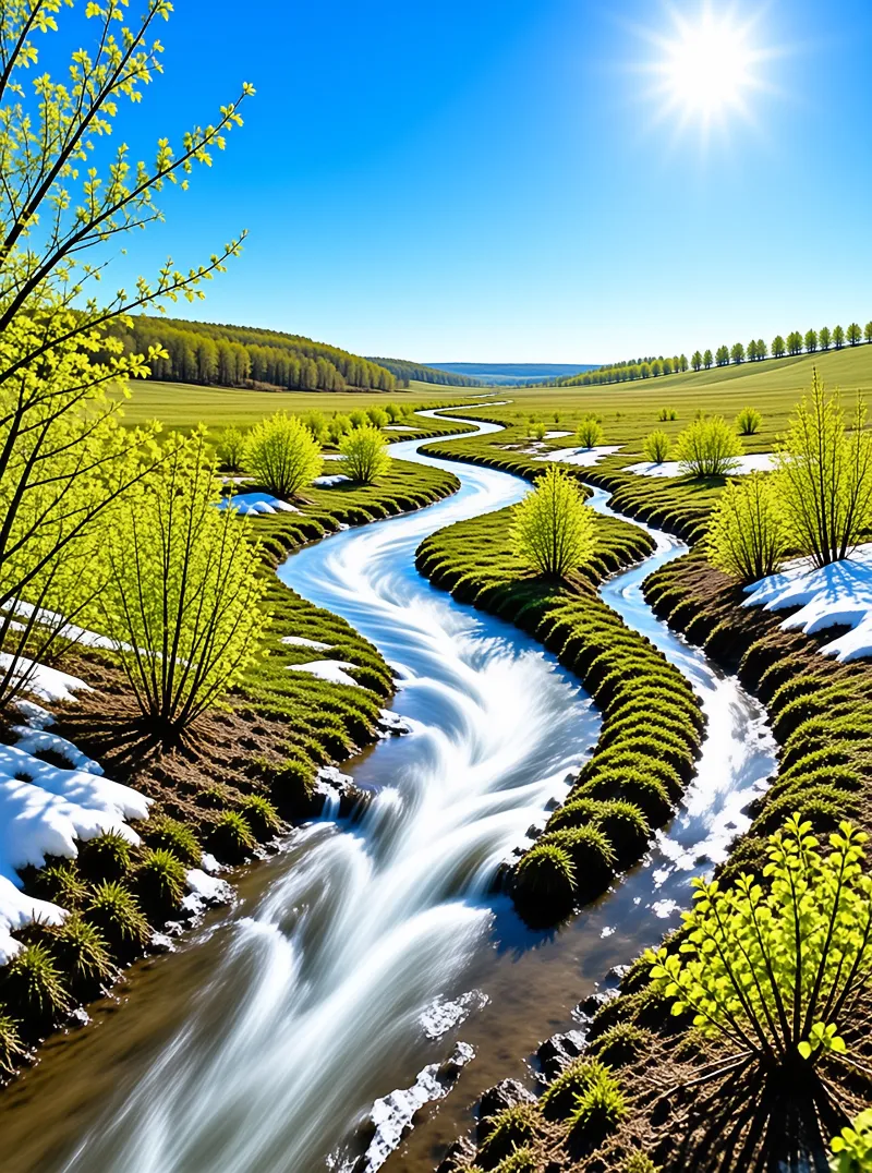 A winding stream flows through a vibrant green landscape dotted with remaining snow and fresh trees under a sunny sky.