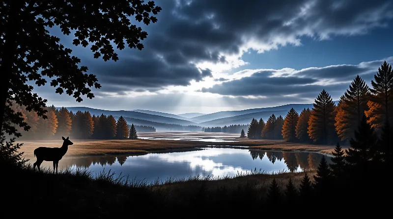 A dark deer stands on the grassy bank of a winding river while sunlight breaks through heavy clouds over distant hills.