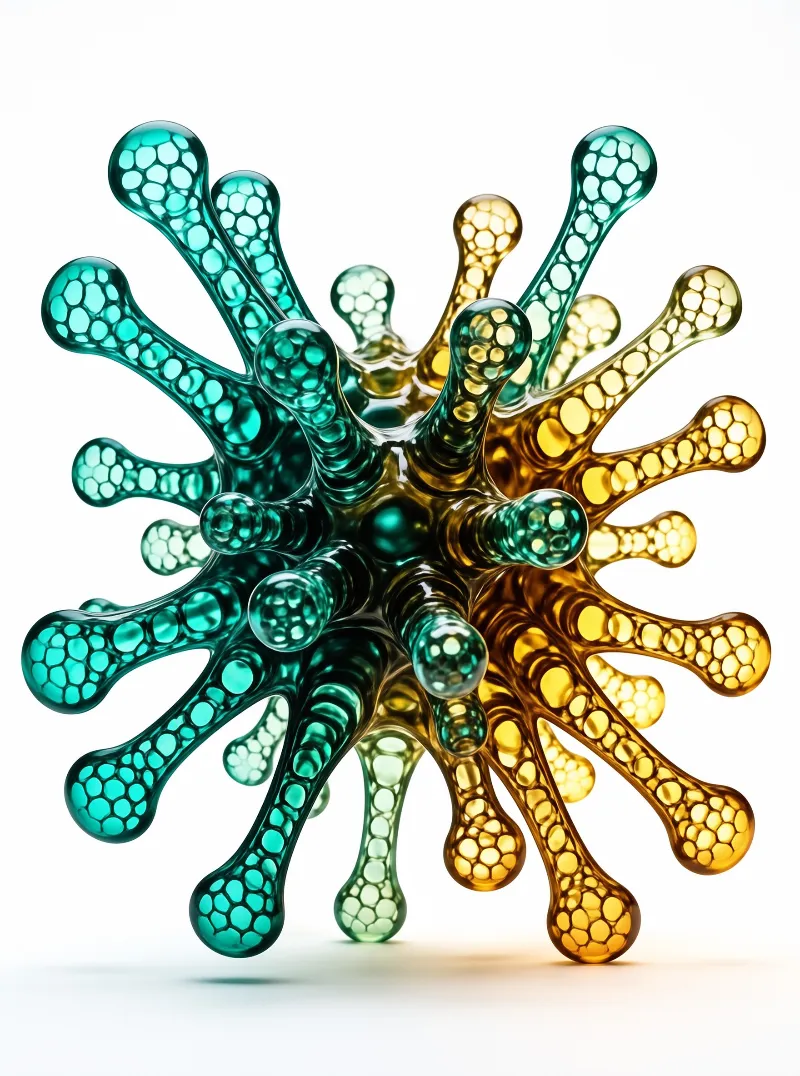 A three-dimensional model of a porous biological form split between teal and golden hues on a clean white surface.