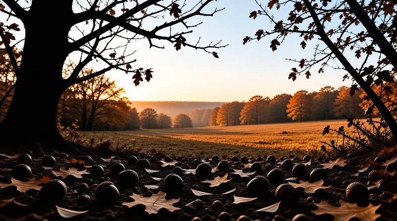 Dark acorns and dry leaves rest on the earth looking toward a misty meadow and orange trees in warm sunlight.