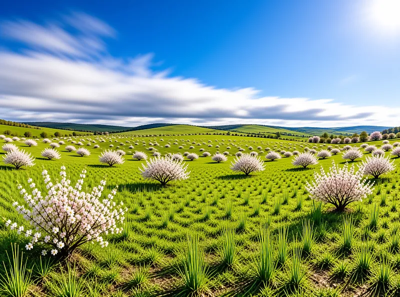 Bright sun lights pink flowering shrubs spread across rolling lush green grassland, with low wooded hills under a vivid blue sky dotted with wispy white clouds.