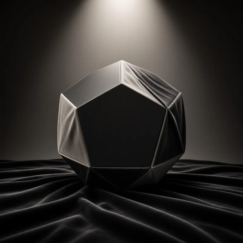 Dark faceted stone rests on draped velvet under a focused spotlight creating deep shadows.