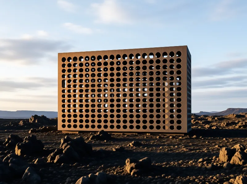 A tan rectangular sculpture with a grid of circular holes stands in a rocky desert landscape under a pale blue sky.