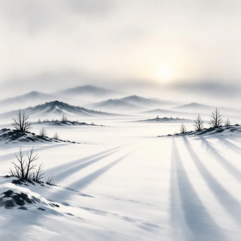 Frozen terrain stretches toward foggy mountains while bare branches cast long dark lines across the bright white ground.