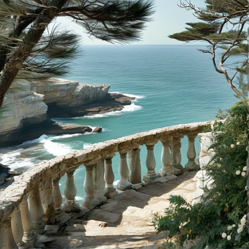 Weathered stone railing curves along cliffside overlooking turquoise waters and rocky shores under bright daylight.
