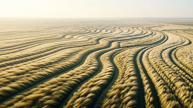 A wide expanse of ripening grain undulates in rhythmic patterns across the landscape bathed in warm late afternoon light.