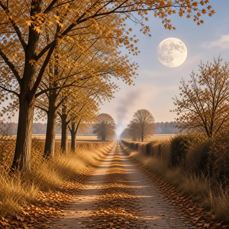 A straight dirt path covered in fallen leaves stretches toward the horizon between rows of yellowing trees under a large full moon.