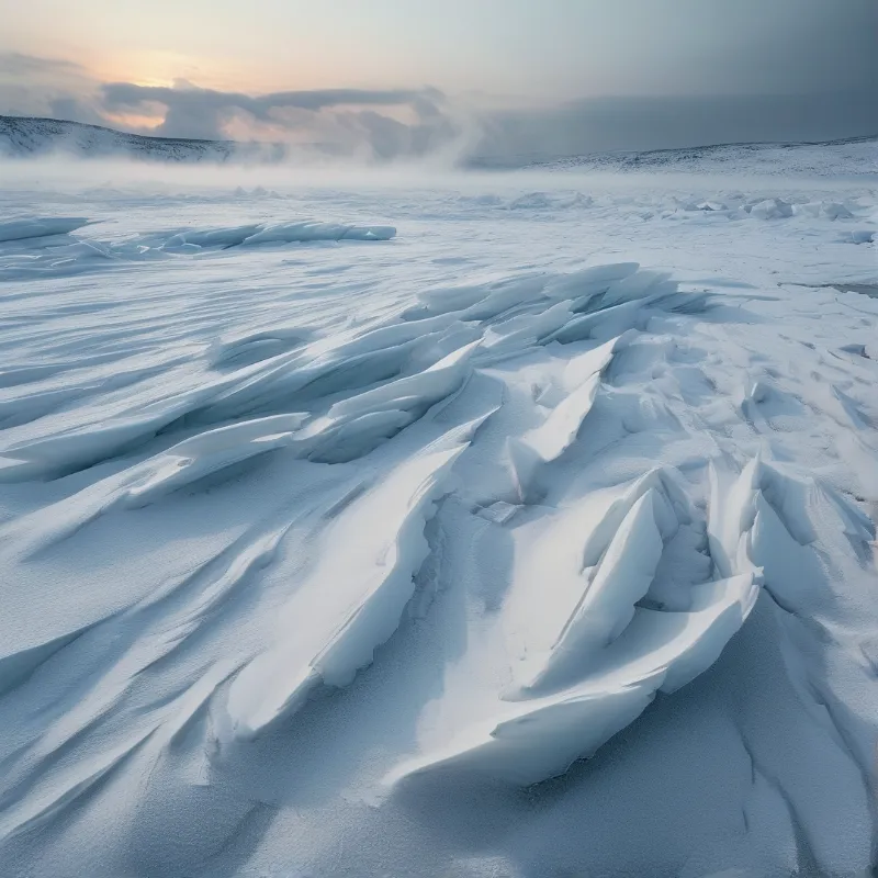 Wind carved plates of sea ice lie stacked across a snow plain while mist drifts at the far shore.