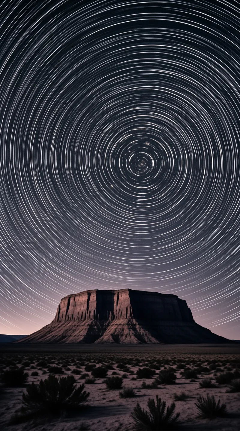 Red mesa rises above sandy desert with shrubs while concentric star trails circle the deep blue sky above the summit