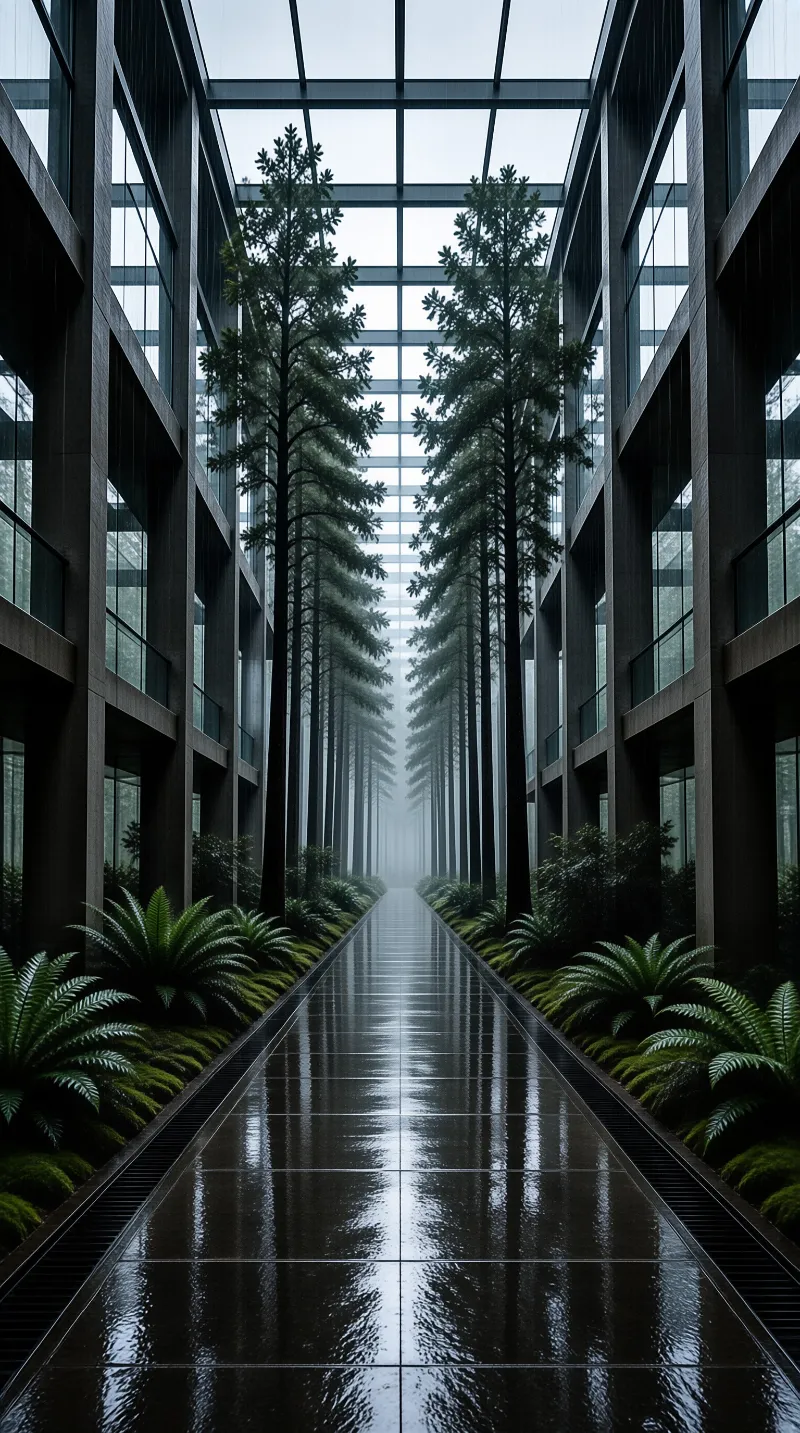 Tall coniferous trees stand along a slick wet pathway inside a transparent building with foggy distance.