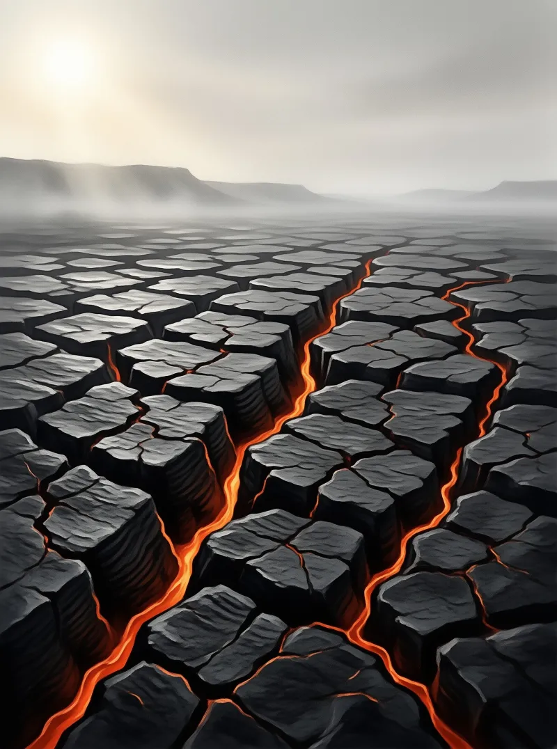 Rivers of orange magma seep between hexagonal slabs of black rock under a pale hazy sunrise sky.