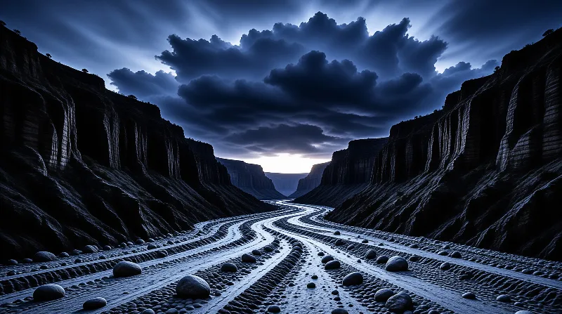 A dark blue canyon with towering cliffs frames a winding road covered in stones and boulders beneath dramatic sunbeams.