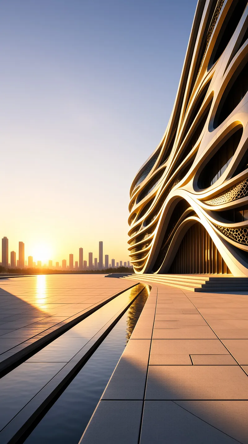 A sweeping building of undulating bronze ribs stands beside a reflecting pool as the sun sets over a skyline.