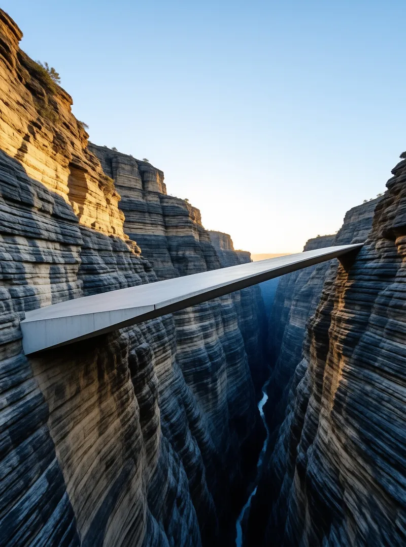 A sleek minimalist concrete slab bridge stretches across a deep layered rock canyon in warm golden light