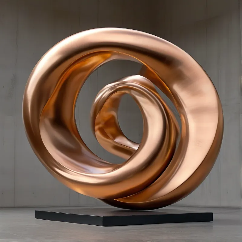 A large abstract sculpture made of shiny copper material sits on a black base against plain grey walls.