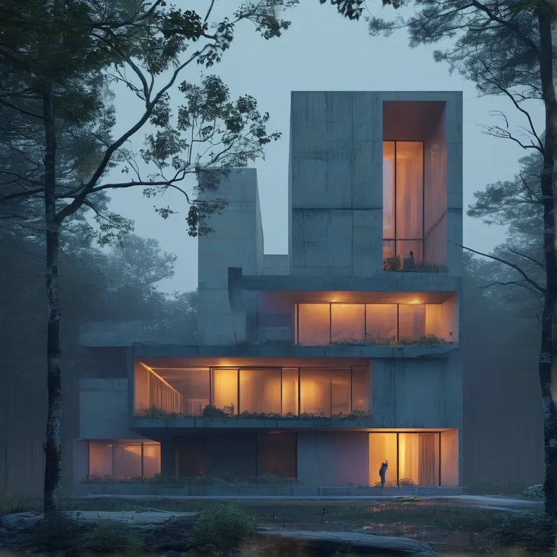 Warm light spills from the windows of a concrete house standing among dark pines in blue evening fog.