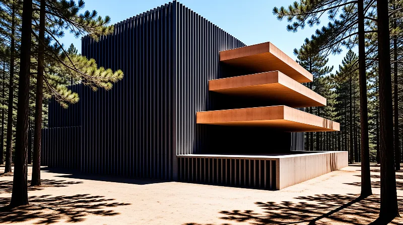 A modern structure with vertical slats and wooden terraces stands in a sunlit pine forest.