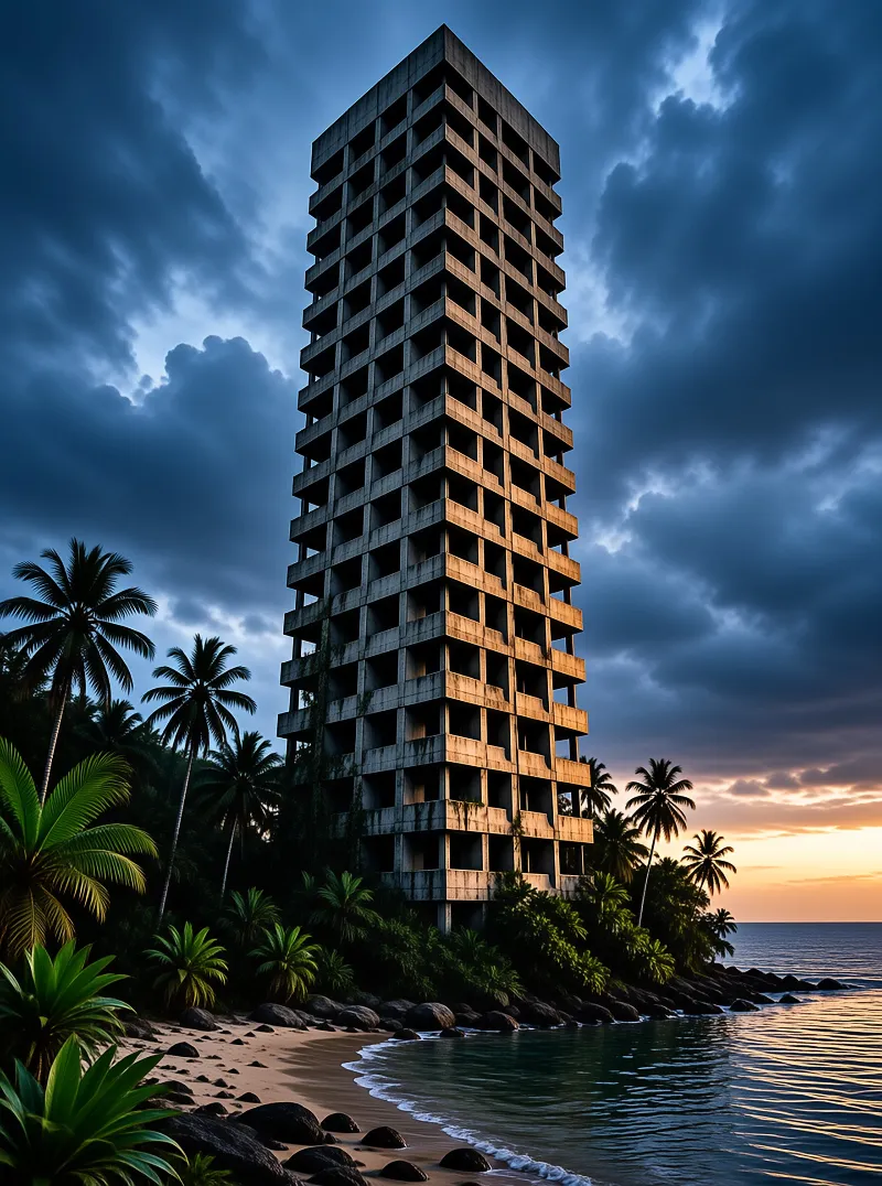 Unfinished concrete skyscraper skeleton standing on a tropical beach with palm trees and sunset light.