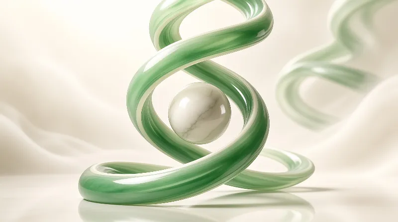 A glossy green twisted form surrounds a white marble orb against a soft cream background.