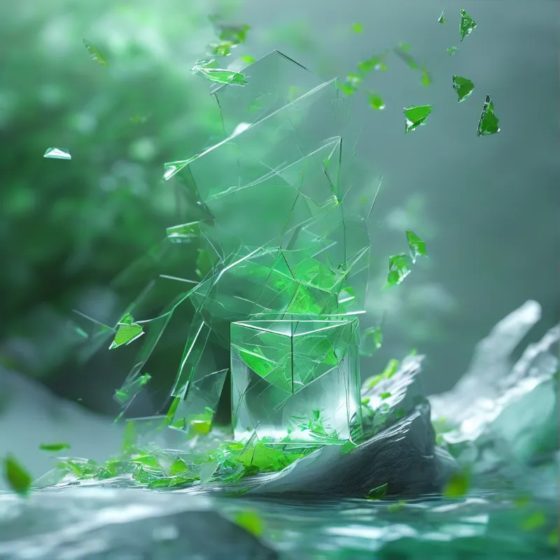 A geometric green glass object disintegrates into sharp shards above a rippling aquatic surface surrounded by blurred foliage.