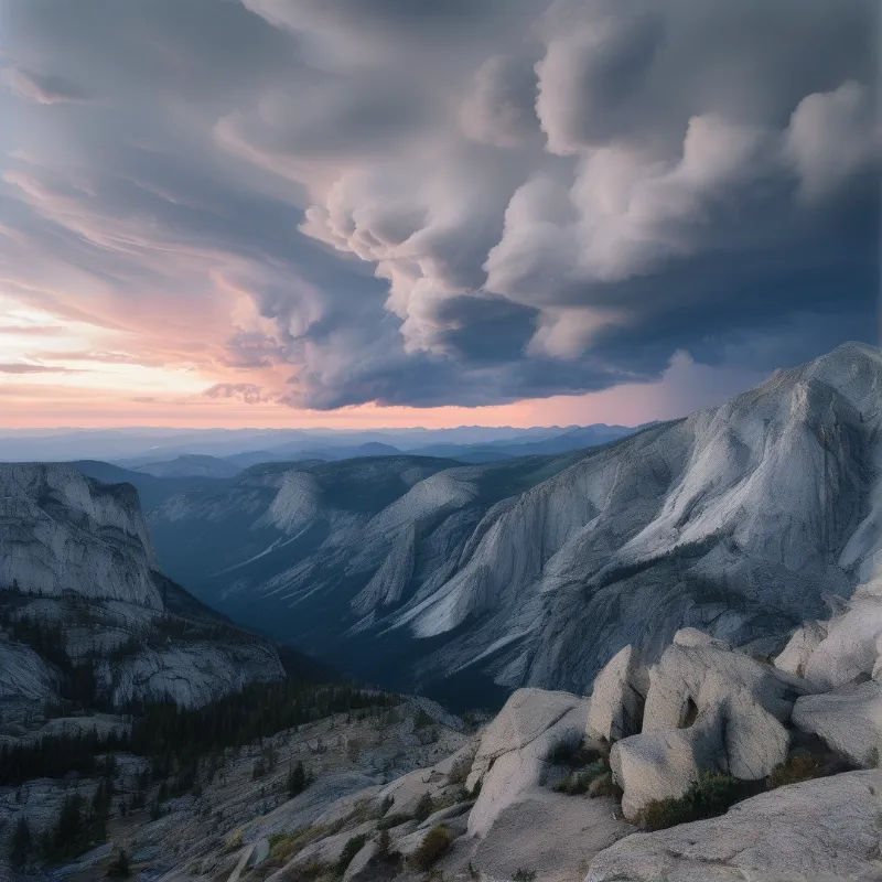 Massive granite peaks rise beneath heavy dark clouds while a band of pink sunset light glows on the distant horizon.
