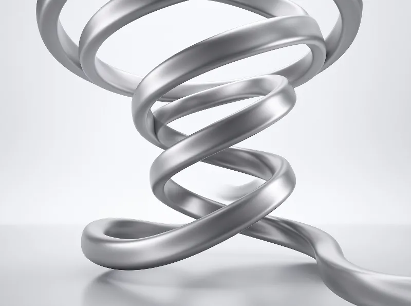 A silver twisted ribbon loops through a minimalist studio space with soft diffused lighting creating gentle shadows.