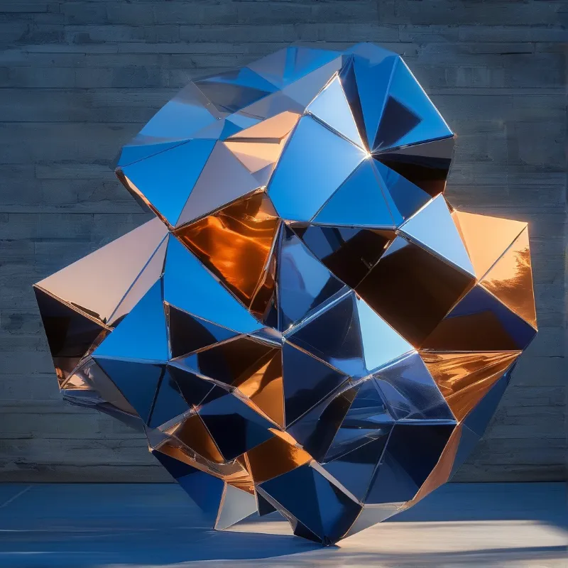 A reflective polyhedral shape shows blue and copper tones standing in front of a rough grey concrete wall.