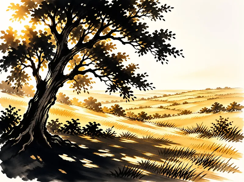 A dark inked tree spreads over sunlit hills where warm washes of yellow trace furrows toward the horizon.