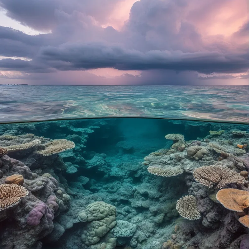 Split frame capturing a vibrant coral ecosystem below calm ocean water while heavy clouds glow pink above.