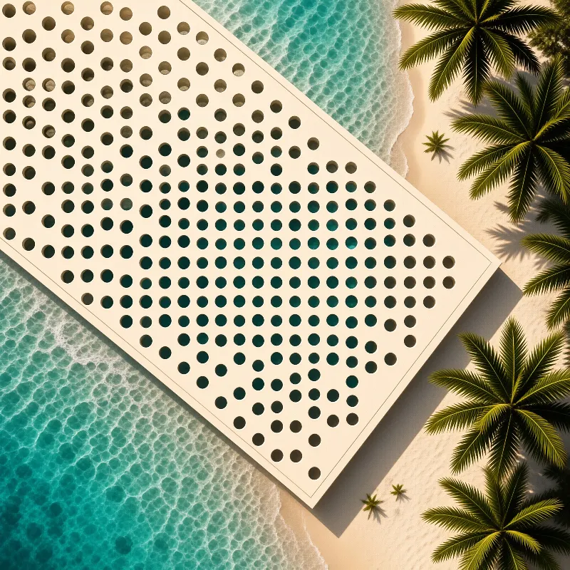 A large off-white rectangular grid with circular cutouts lies diagonally across a sandy shore next to turquoise waves.
