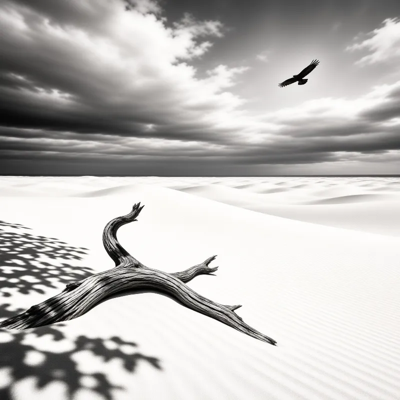 A twisted weathered driftwood rests on pale desert dunes while a raptor flies across a dramatic overcast black and white sky.