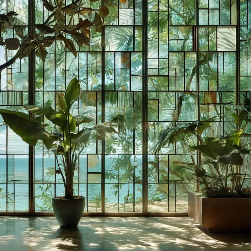 Leafy potted tropical plants sit on a smooth floor before a grid glass wall facing turquoise ocean with dappled sunlight.