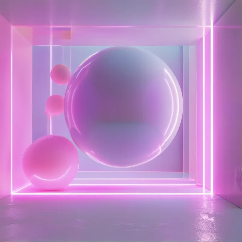 Several glossy pink balls are positioned within a white corridor illuminated by bright magenta neon strips along the edges.