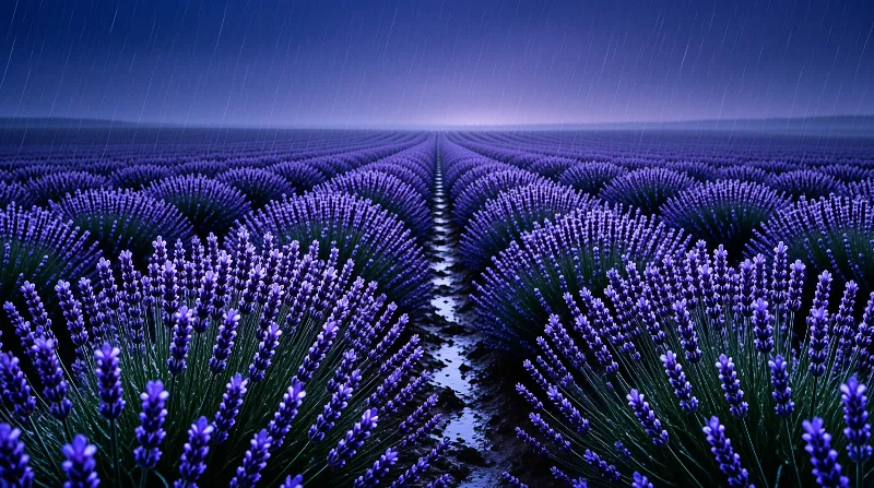 Wet lavender rows reflect the dim light under a dark sky while rain streaks down toward the distant horizon.