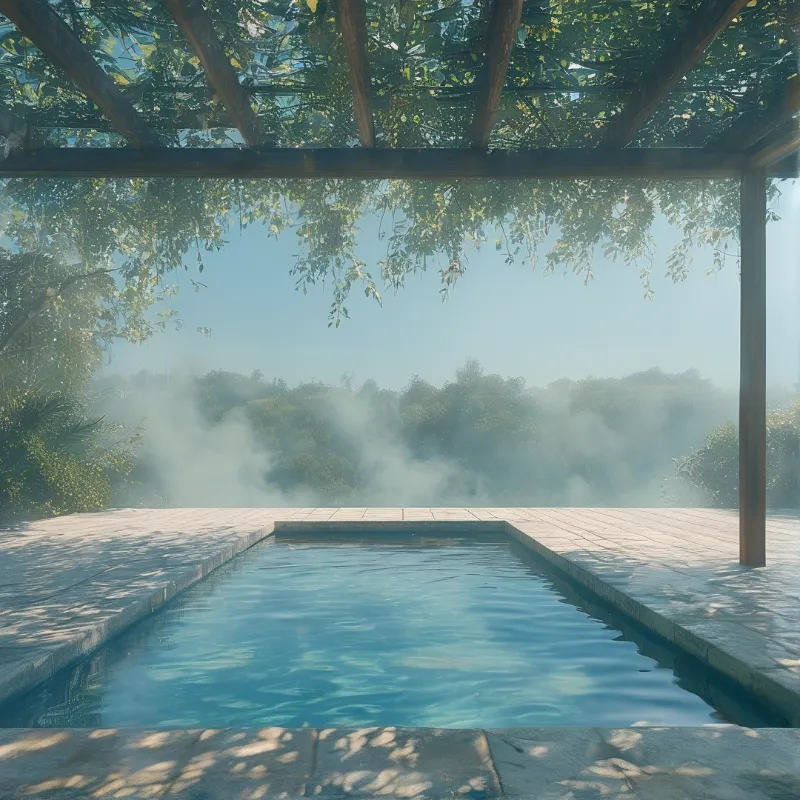 A rectangular pool sits under a wooden pergola with vines while thick mist covers the distant forest in soft light.