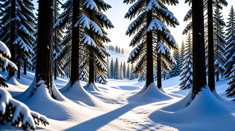Snow-covered evergreens line a winding path while sunlight casts long shadows across the winter landscape.