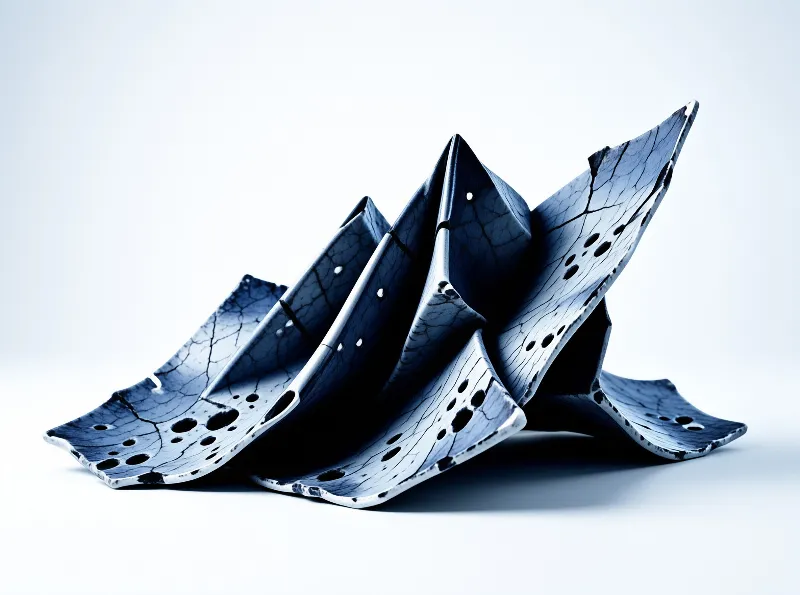 A glossy black and white angular sculpture with cracked glaze and round perforations sits on a seamless pale surface.