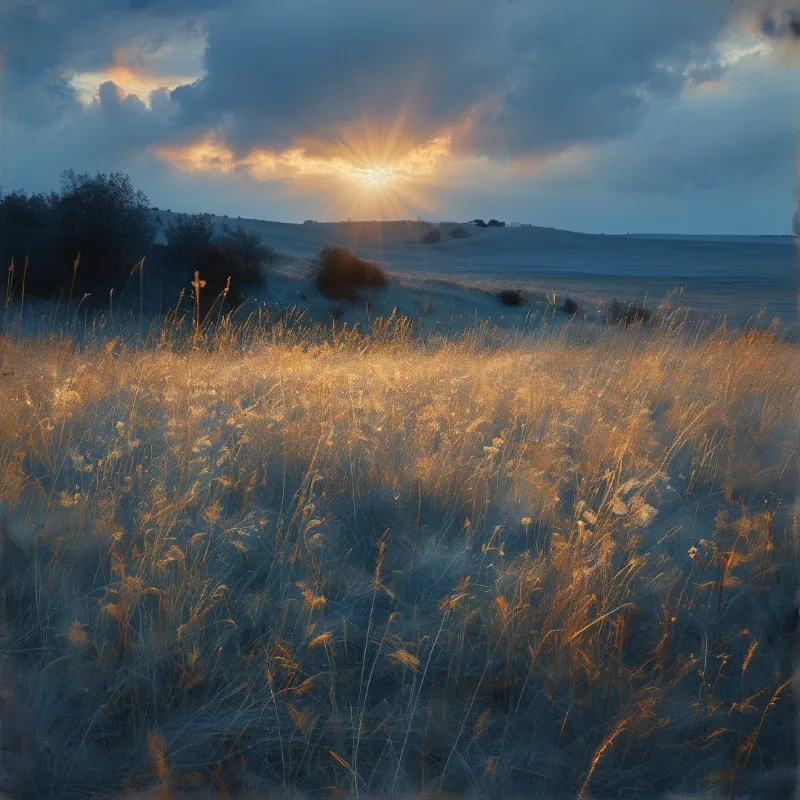 Golden wild grass fills the foreground as sun rays pierce through heavy clouds above a landscape of blue rolling hills.