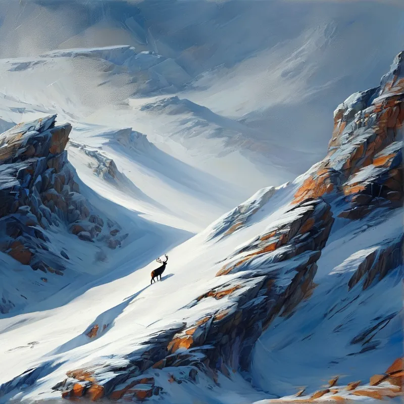 A lone deer with antlers stands on a steep snow-covered slope between rocky mountain ridges under soft diffused light