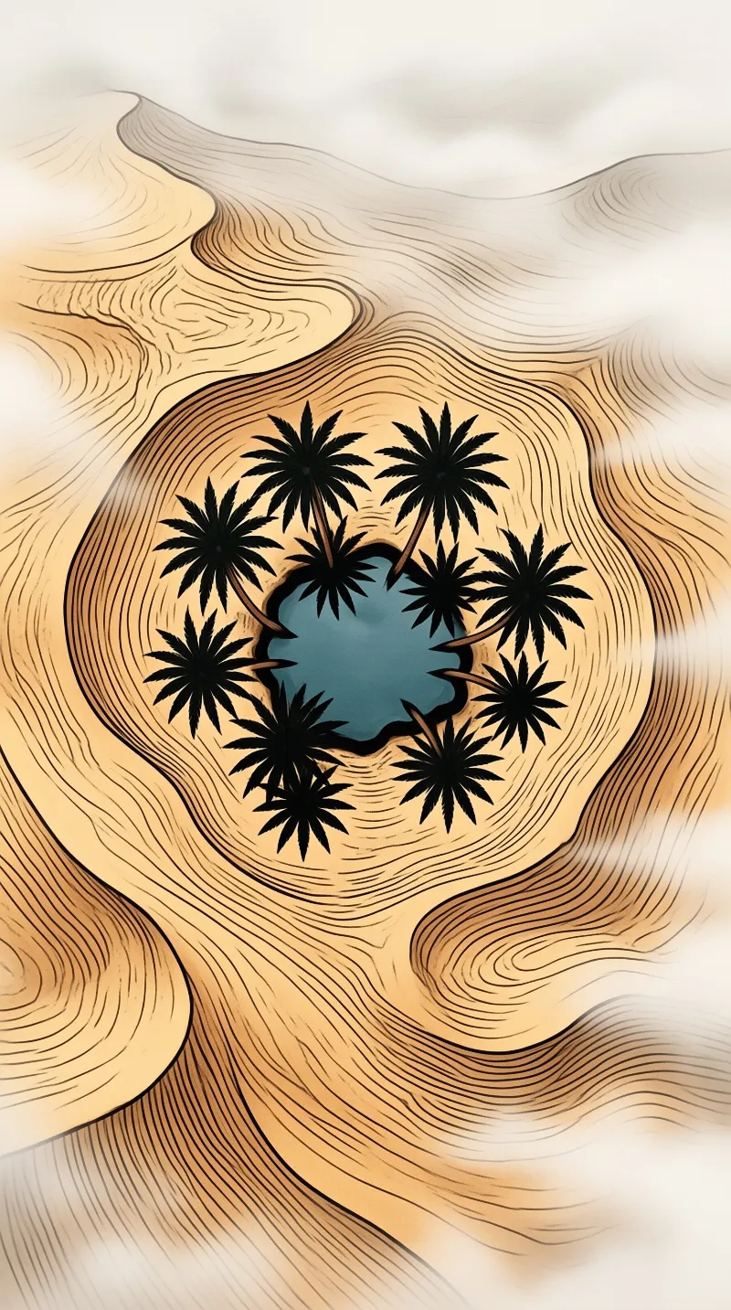 Stylized illustration of a desert oasis with black palm trees and a blue pool surrounded by textured sand.