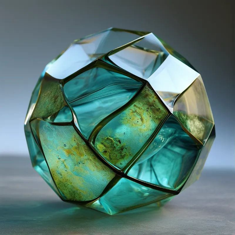 A faceted teal gemstone sits on a smooth surface, showing internal greenish textures and sharp highlights.