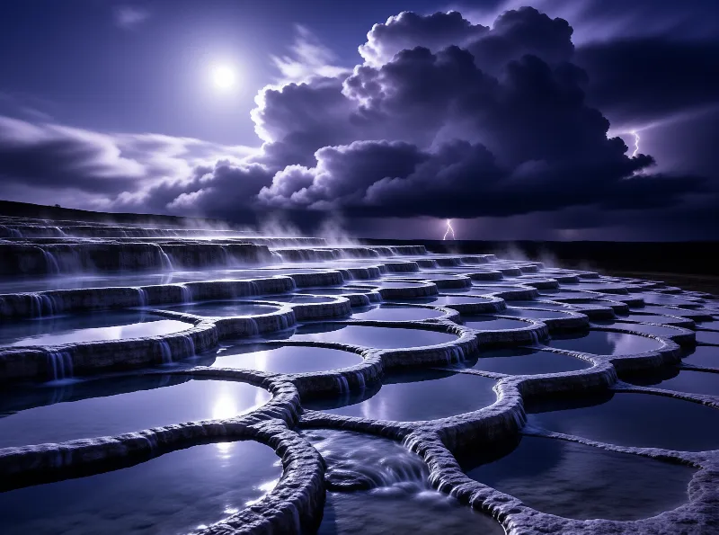 Dark blue water basins sit beneath heavy clouds while lightning strikes in the distance.
