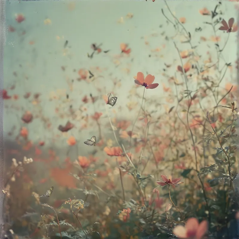 Small butterflies and moths fly among tall orange wildflowers in a hazy sunlit meadow.